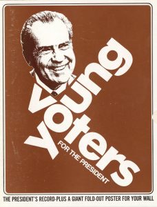 Cover of poster brochure promoting the reelection campaign of Republican president Richard M. Nixon, sponsored by 'Young Voters For the President,' 1972. (Kean Collection/Getty Images)